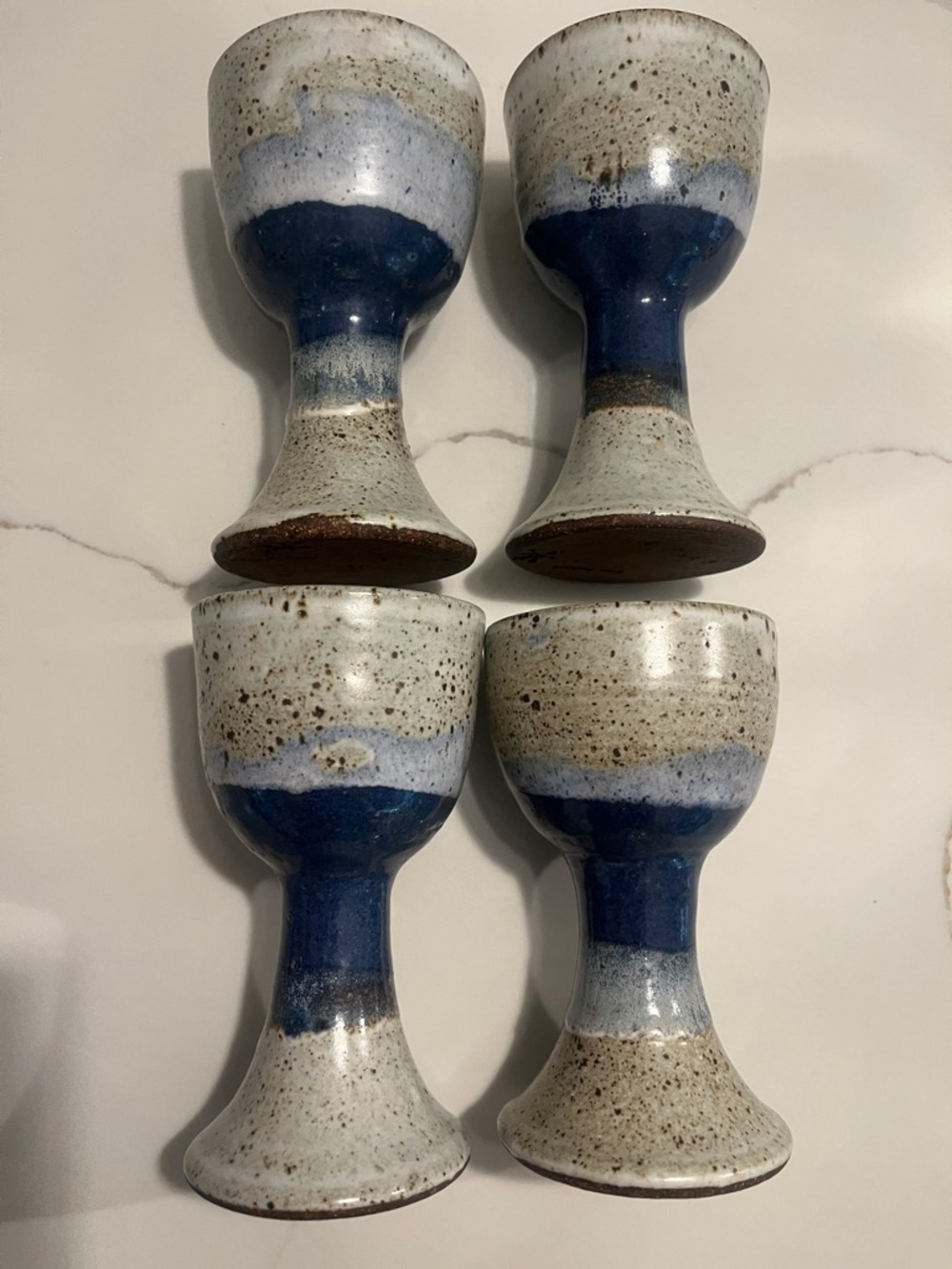 Vintage Handmade Glazed Ceramic Goblets - Blue and Speckled oatmeal 4pc Set 6"ea